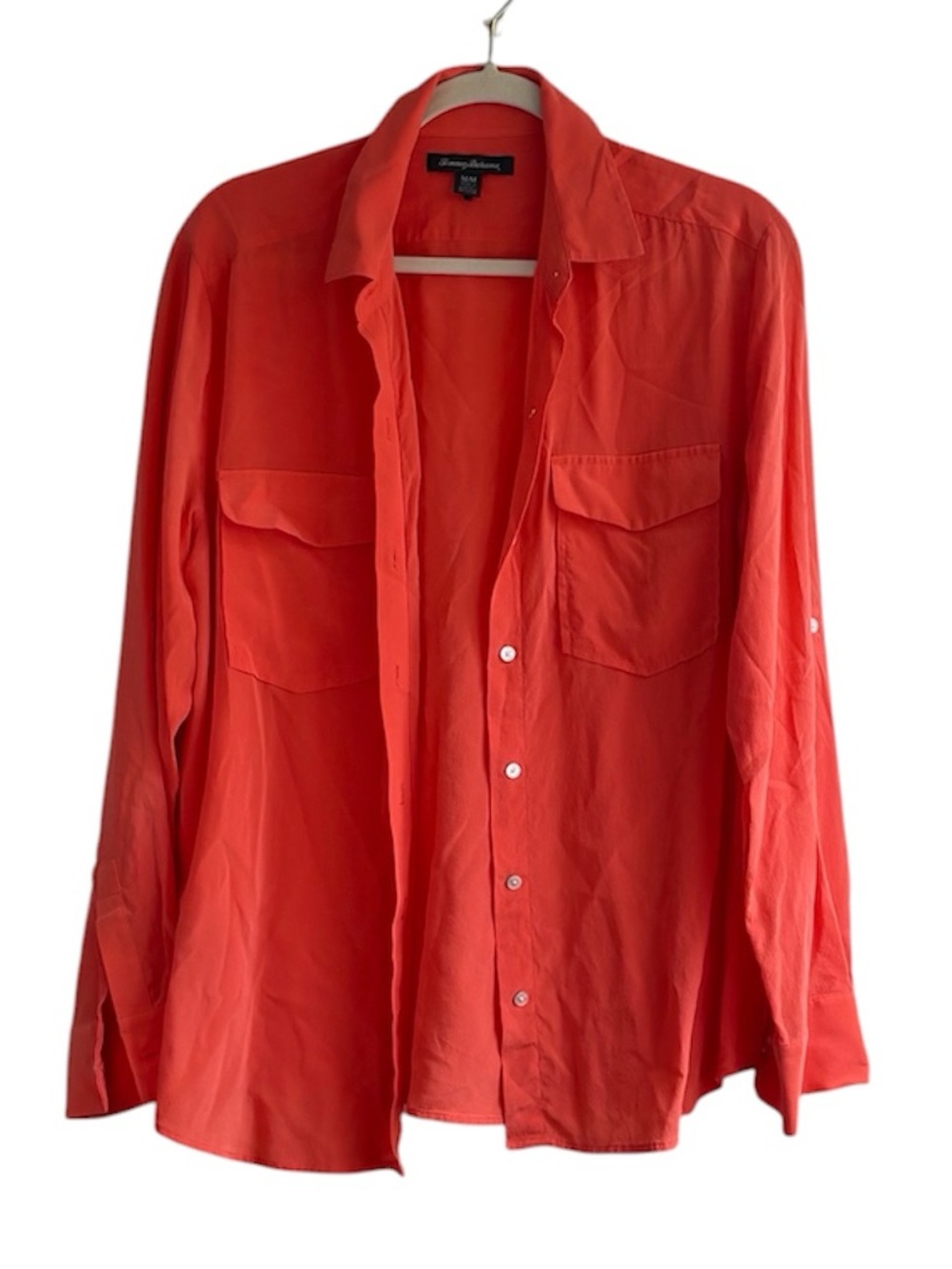 Tommy Bahama 100% Silk Salmon Long Sleeve Button Up Blouse Shirt Size M